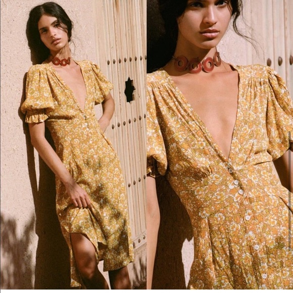 Faithfull the brand saffron Rafa ditsy floral midi dress xsmall yellow gold xs - Picture 4 of 12